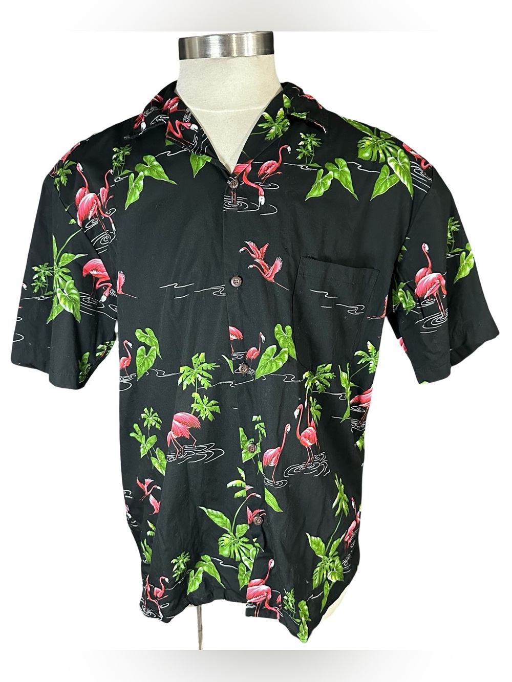 Vtg Aloha Republic Black Pink Flamingo Button Up Shirt Sz XL Hawaiian Cotton USA